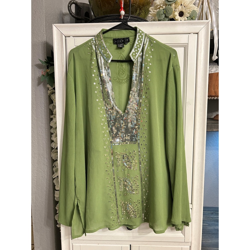 Green Sequin Chiffon Tunic Top Plus Size 3X Boho Indie Resort Vaction